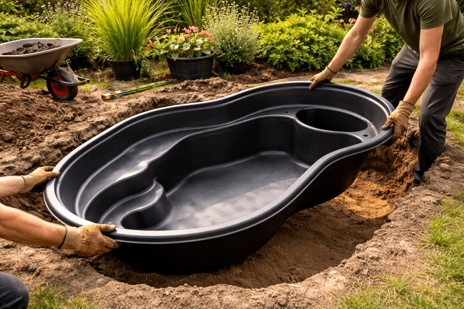 Fertigteich aus GFK wird in Gartengrube eingesetzt als Beispiel für Teichfolie vs Fertigteich
