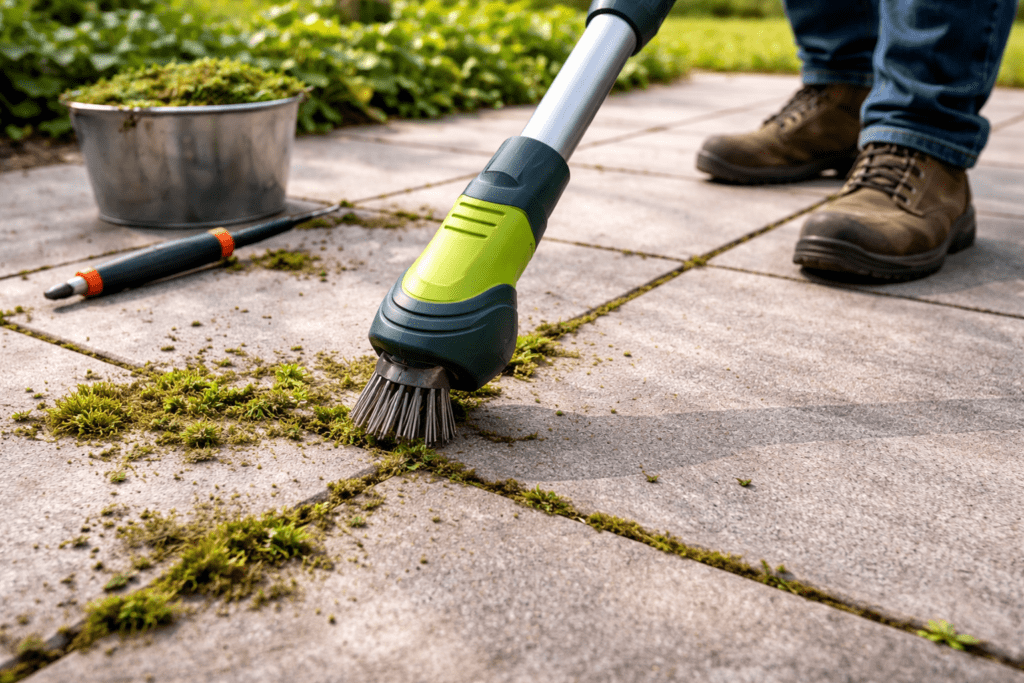 Fugenbürste reinigt Terrassenplatten und entfernt Moos und Unkraut bei der Terrasse reinigen
