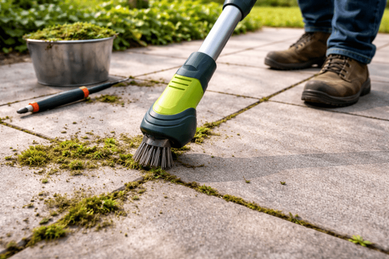 Fugenbürste reinigt Terrassenplatten und entfernt Moos und Unkraut bei der Terrasse reinigen