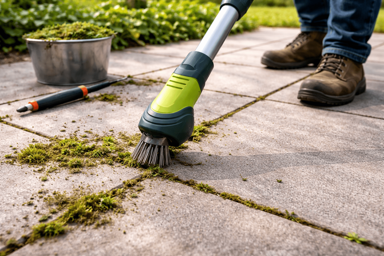 Fugenbürste reinigt Terrassenplatten und entfernt Moos und Unkraut bei der Terrasse reinigen