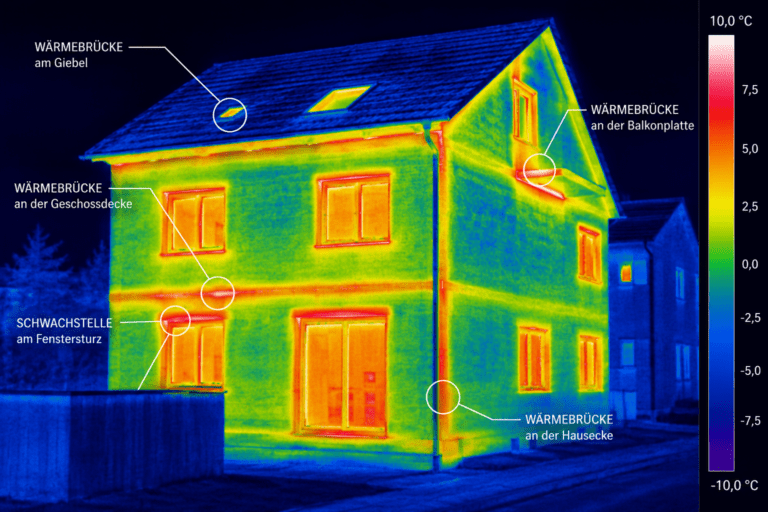 Thermografie eines Wohnhauses mit sichtbaren Wärmebrücken und energetischen Schwachstellen gemäß DIN 4108.