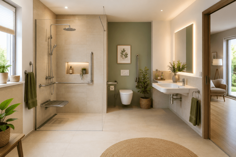 Modernes barrierefreies Badezimmer nach DIN 18040 mit bodengleicher Dusche, Haltegriffen, unterfahrbarem Waschbecken und schwellenfreiem Zugang in hellem, wohnlichem Design.