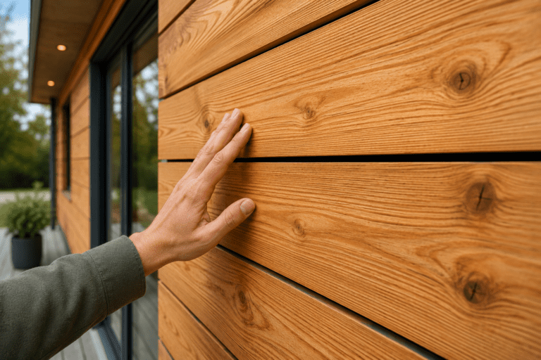 Nahaufnahme einer modernen Lärchenholz-Fassade nach DIN 68800 mit sichtbarer Holzmaserung und einer Hand, die die geölte Oberfläche prüft.