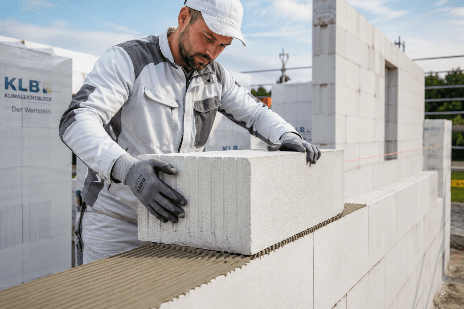 Maurer verarbeitet moderne Wärmedämmziegel mit Dünnbettmörtel auf einer Baustelle gemäß den Anforderungen der DIN 1053 im professionellen Mauerwerksbau.