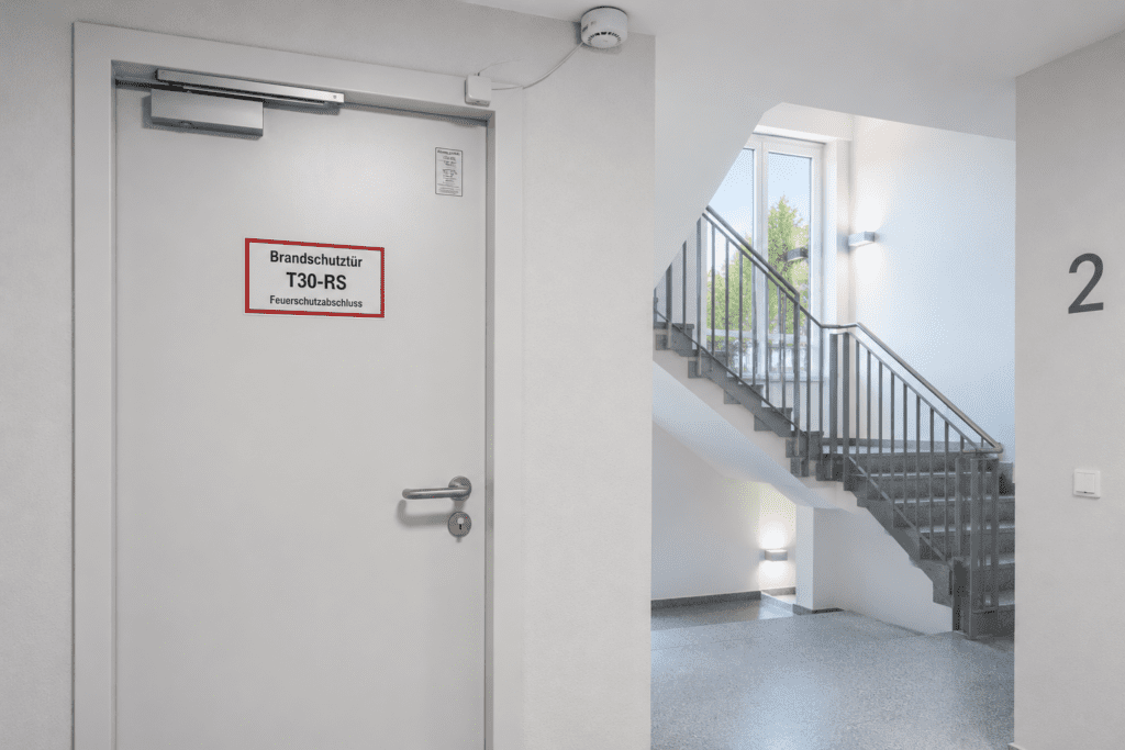 Moderne T30-RS Brandschutztür mit Kennzeichnungsschild und Rauchmelderkontakt in einem hellen Treppenraum gemäß DIN 4102 Brandschutz.