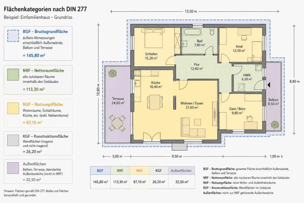 Grundriss eines Einfamilienhauses mit farblich markierten Flächenarten nach DIN 277, einschließlich BGF, NRF, NUF, KGF sowie Balkon- und Terrassenflächen.