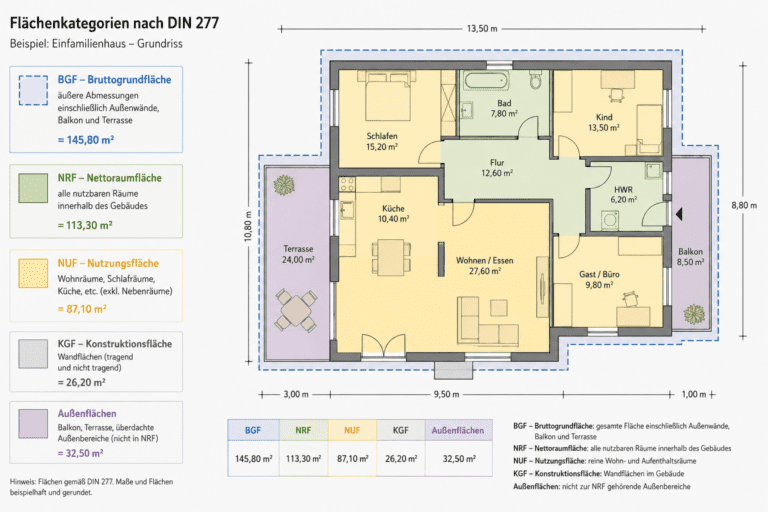 Grundriss eines Einfamilienhauses mit farblich markierten Flächenarten nach DIN 277, einschließlich BGF, NRF, NUF, KGF sowie Balkon- und Terrassenflächen.