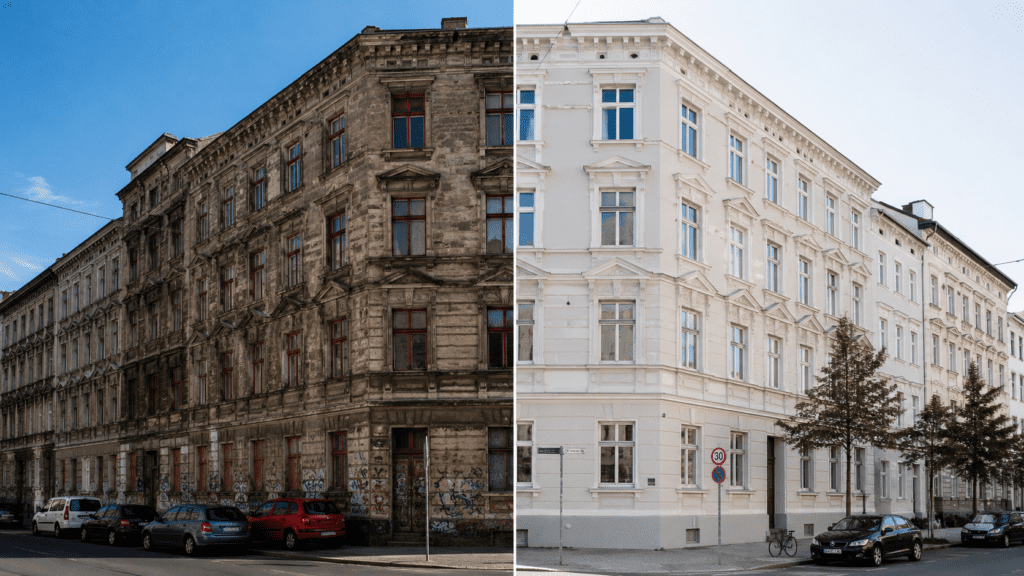 Vorher-Nachher-Ansicht eines Gründerzeithauses in Leipzig – Symbolbild für Immobilienpreise Leipzig