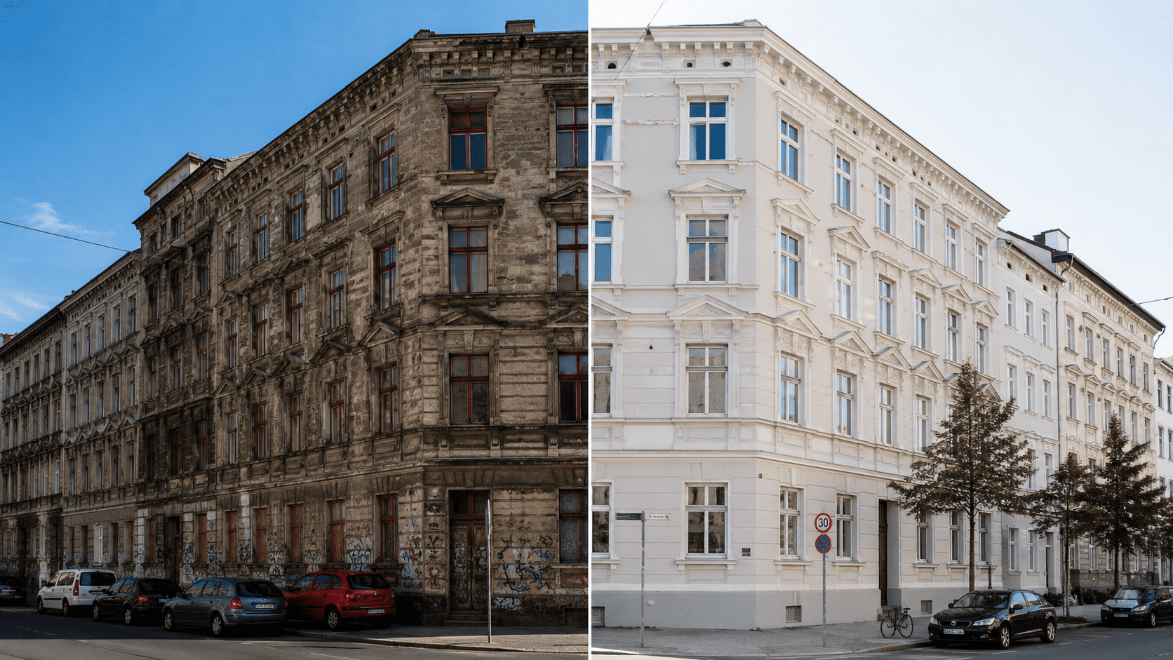Vorher-Nachher-Ansicht eines Gründerzeithauses in Leipzig – Symbolbild für Immobilienpreise Leipzig