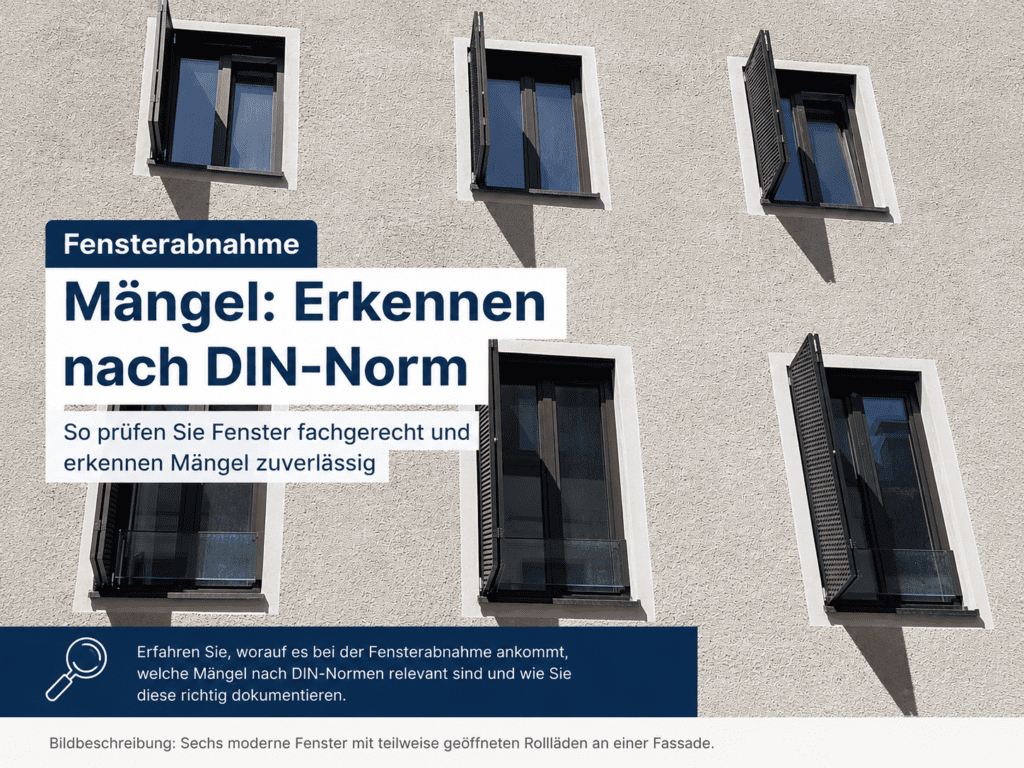 Fensterabnahme Mängel erkennen nach DIN-Norm an modernen Fenstern mit Rollläden an einer Hausfassade.