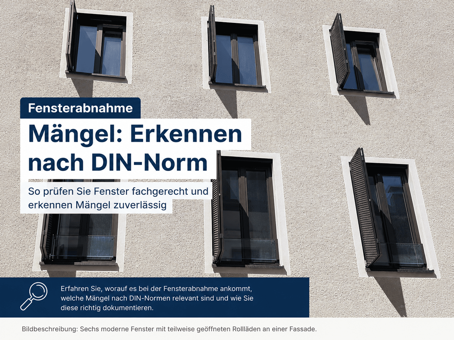 Fensterabnahme Mängel erkennen nach DIN-Norm an modernen Fenstern mit Rollläden an einer Hausfassade.