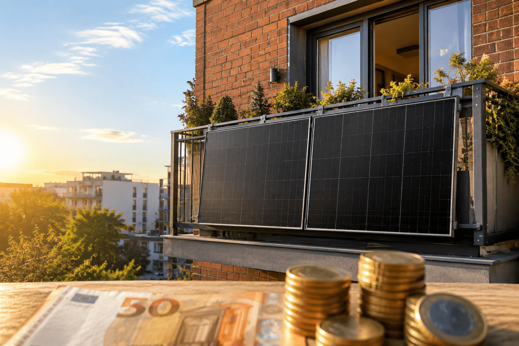 Moderne kleine Photovoltaikanlage auf einem Stadtbalkon mit Solarmodulen und Euro-Geld als Symbol für Stromkostenersparnis.