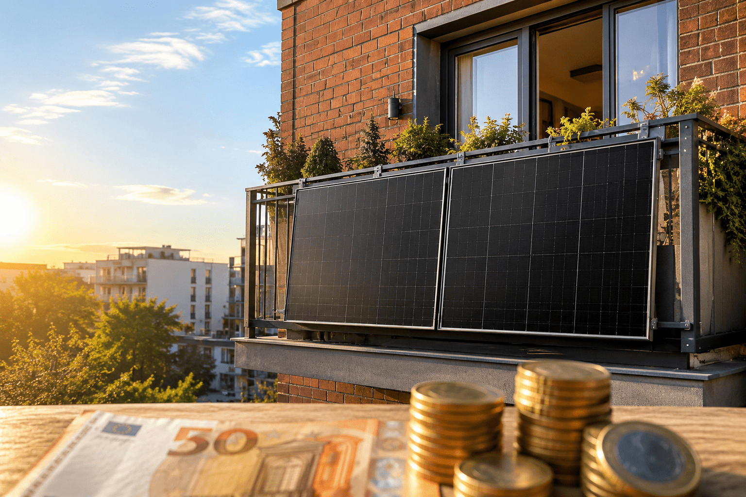 Moderne kleine Photovoltaikanlage auf einem Stadtbalkon mit Solarmodulen und Euro-Geld als Symbol für Stromkostenersparnis.