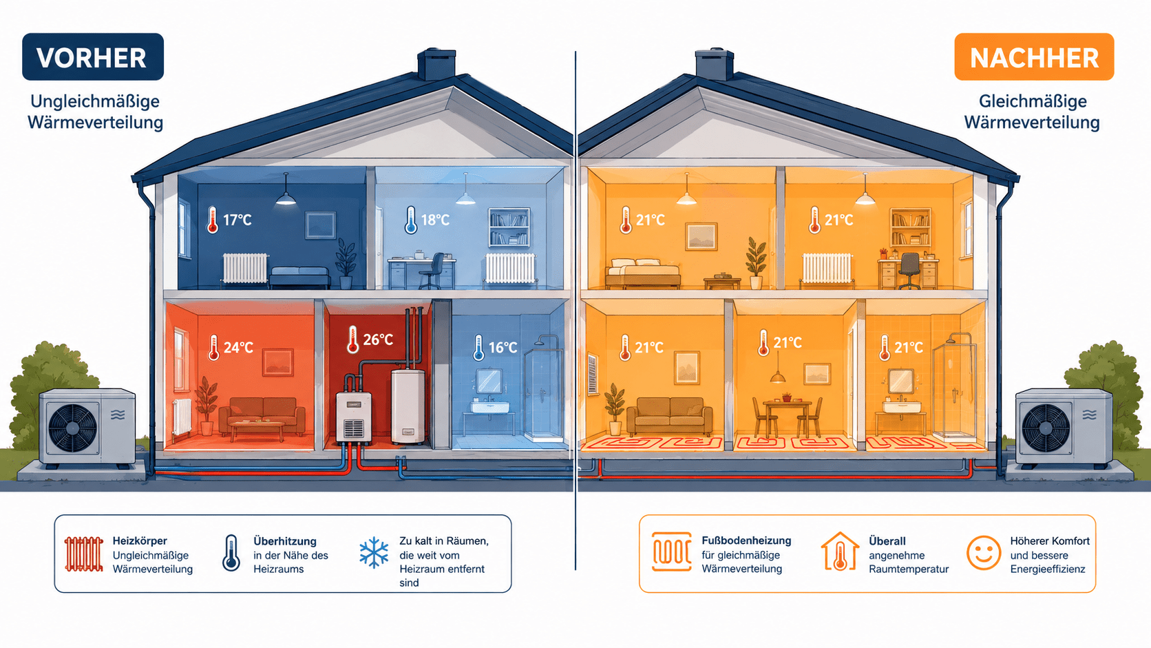 Vorher-Nachher-Infografik eines Einfamilienhauses zum hydraulischen Abgleich einer Wärmepumpe mit ungleichmäßiger und gleichmäßiger Wärmeverteilung.