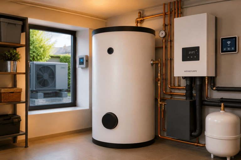 Moderner Heizungskeller mit großem Pufferspeicher, Wärmepumpe und sichtbaren Kupferrohren in heller Technikraum-Umgebung.