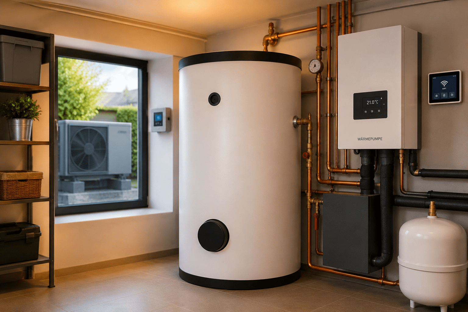Moderner Heizungskeller mit großem Pufferspeicher, Wärmepumpe und sichtbaren Kupferrohren in heller Technikraum-Umgebung.