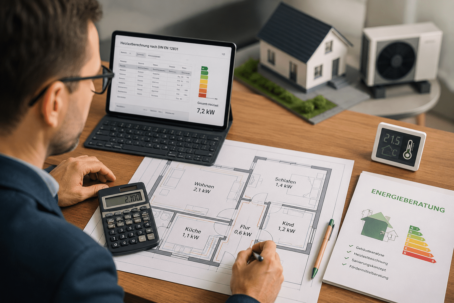 Energieberater berechnet Heizlast nach DIN EN 12831 mit Hausgrundriss, Tablet und Wärmepumpen-Modell auf einem Schreibtisch.