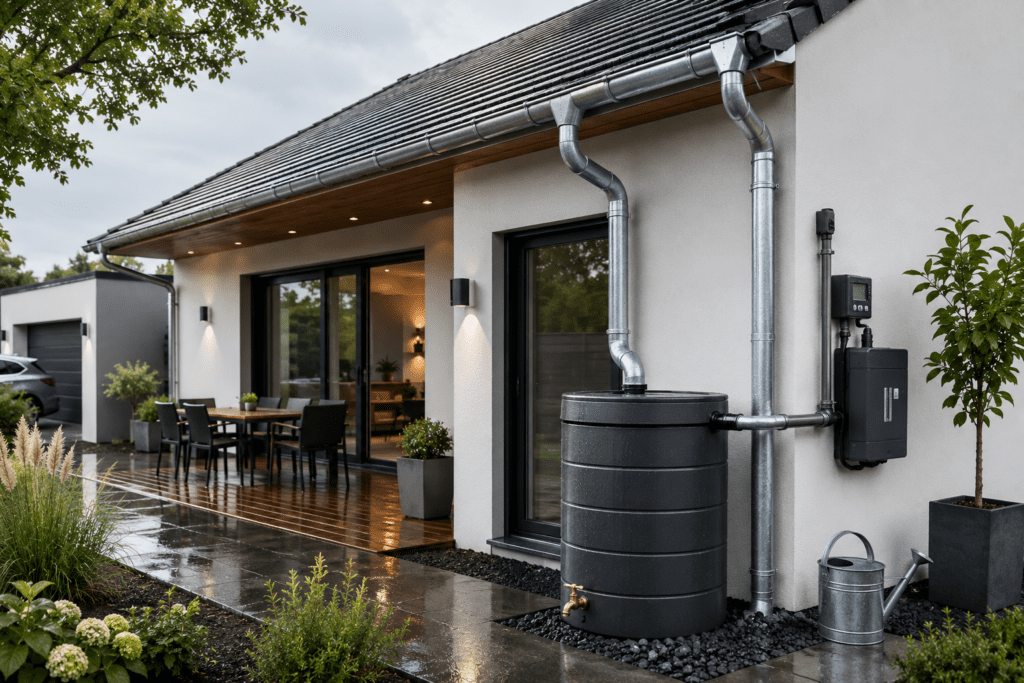 Modernes Wohnhaus mit Dachrinne, Fallrohr und Regenwasserspeicher zur Regenwasserableitung nach DIN 1986-100.