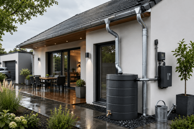 Modernes Wohnhaus mit Dachrinne, Fallrohr und Regenwasserspeicher zur Regenwasserableitung nach DIN 1986-100.
