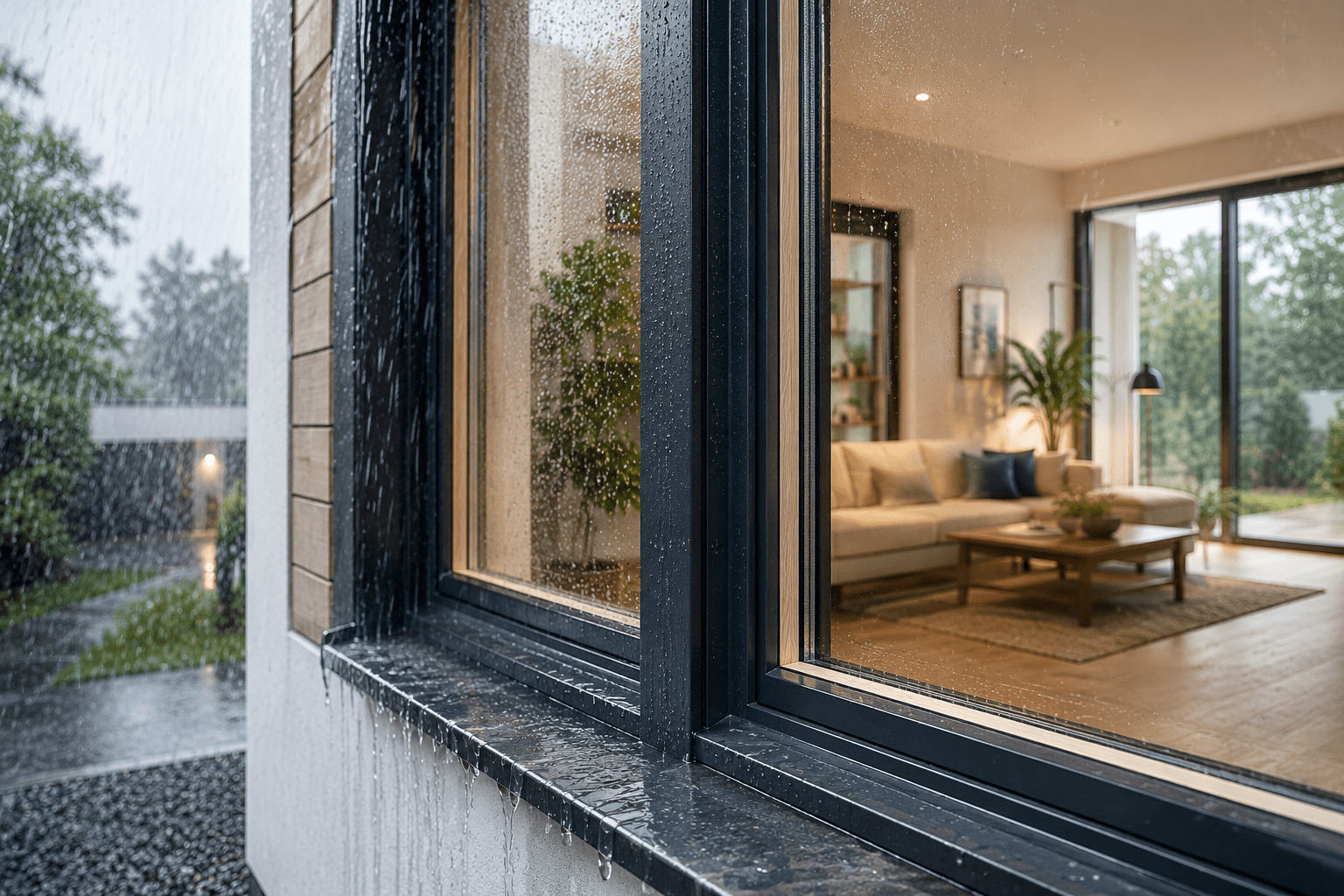 Modernes Holz-Aluminium-Fenster mit Dreifachverglasung bei starkem Regen als Beispiel für Schlagregendichtheit und Wetterschutz nach DIN 18055.