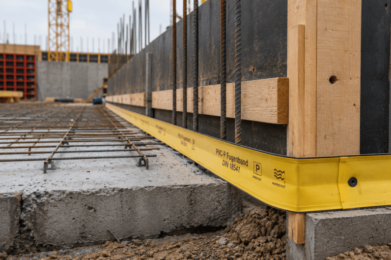 Gelbes PVC-P-Fugenband zwischen Betonbodenplatte und Wandschalung auf einer Baustelle zur Fugenabdichtung nach DIN 18197.
