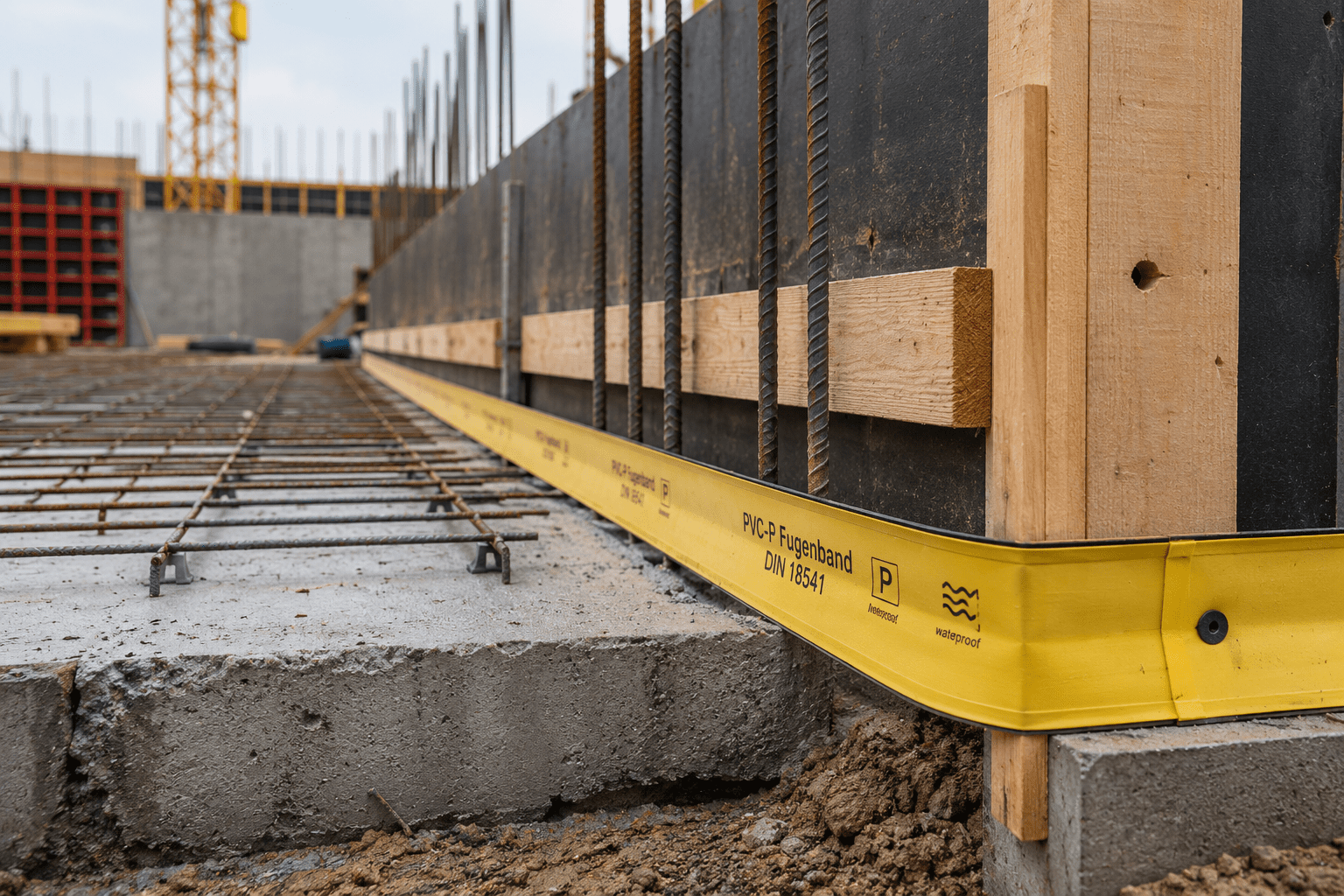 Gelbes PVC-P-Fugenband zwischen Betonbodenplatte und Wandschalung auf einer Baustelle zur Fugenabdichtung nach DIN 18197.