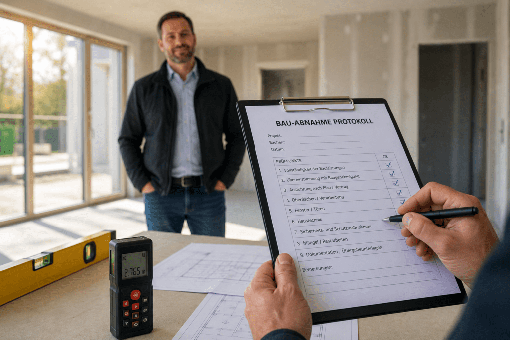 Bauabnahme im Neubau mit Klemmbrett, Checkliste, Laser-Entfernungsmesser und Bauherr zur Prüfung der Bauleistungen nach DIN 18299.