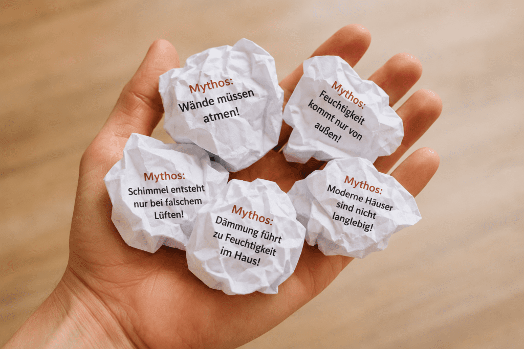 Offene Hand mit zerknüllten Notizzetteln, auf denen typische Bau-Mythen stehen – Symbolbild für die Aufklärung von Irrtümern beim Bauen und Sanieren.
