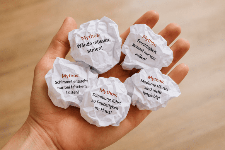 Offene Hand mit zerknüllten Notizzetteln, auf denen typische Bau-Mythen stehen – Symbolbild für die Aufklärung von Irrtümern beim Bauen und Sanieren.