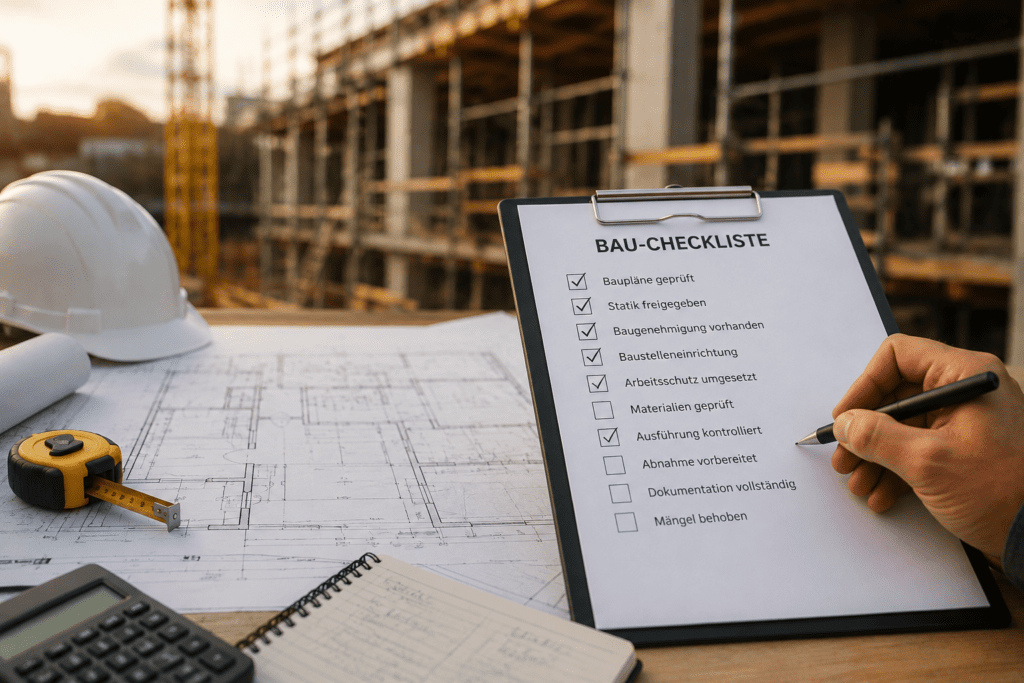 Hausbau Checkliste auf einem Klemmbrett mit Bauplänen und abgehakten Prüfpunkten vor einer Baustelle im Hintergrund.