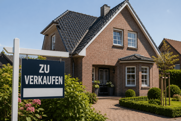 Einfamilienhaus mit Klinkerfassade und „Zu verkaufen“-Schild als Symbol für die Immobilienpreise in Wesel und den regionalen Immobilienmarkt.