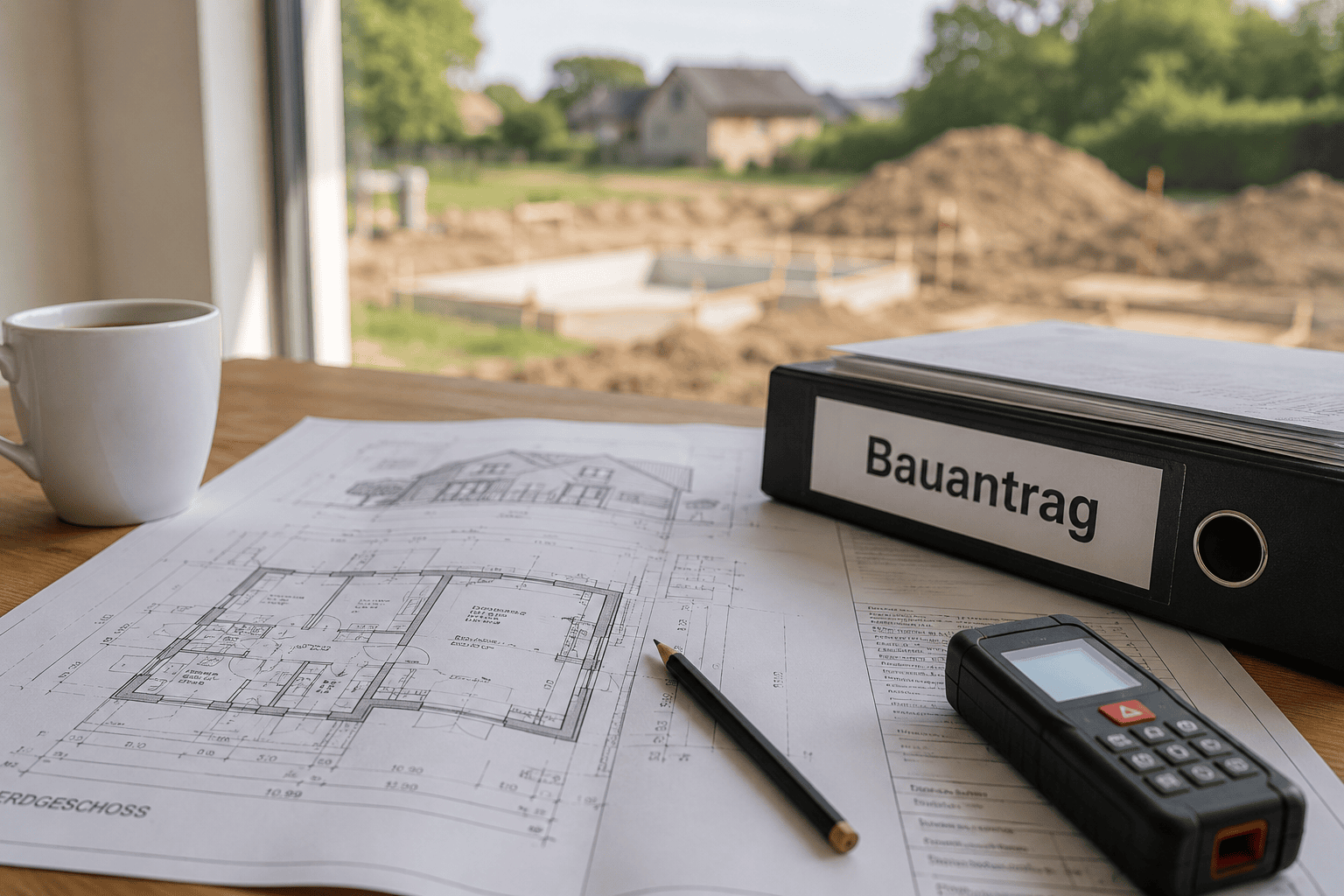Aufgeschlagene Bauzeichnung eines Einfamilienhauses mit Aktenordner „Bauantrag", Laser-Entfernungsmesser und Bleistift auf einem Holzschreibtisch als Symbol für die Bauantragsvorbereitung