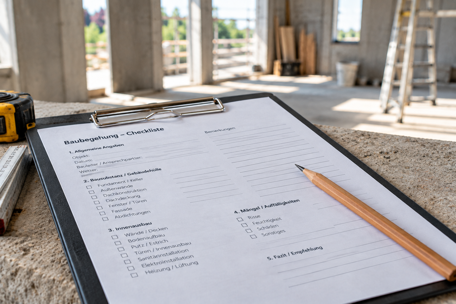 Klemmbrett mit Bauabnahme Checkliste auf einer Neubau-Baustelle
