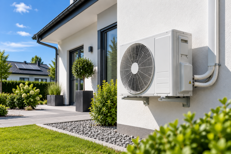 Split-Klimaanlage Außengerät als Luft-Luft-Wärmepumpe an der Fassade eines Einfamilienhauses