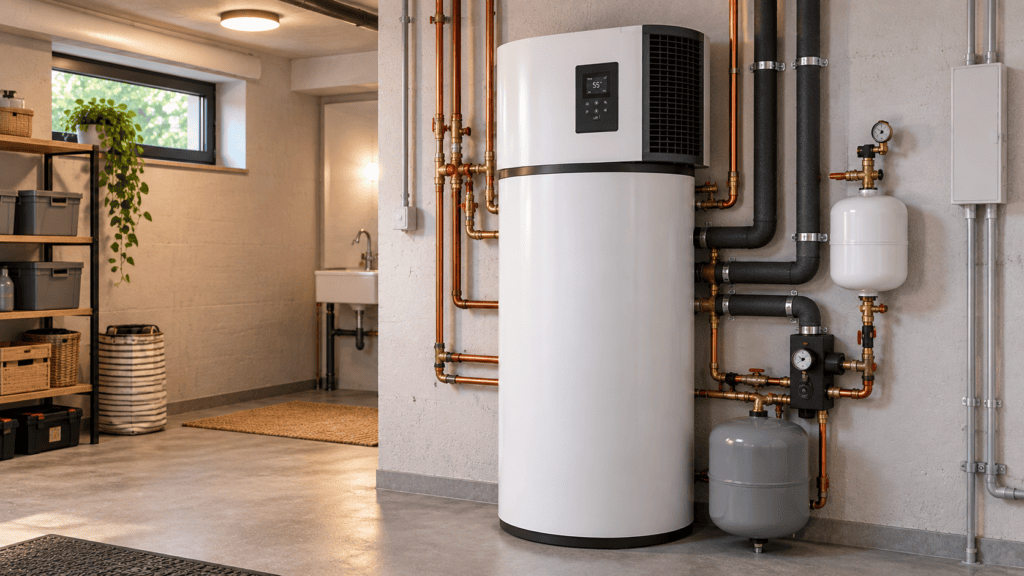 Aufsatz-Wärmepumpe für Warmwasser auf bestehendem Speicher im Hauskeller