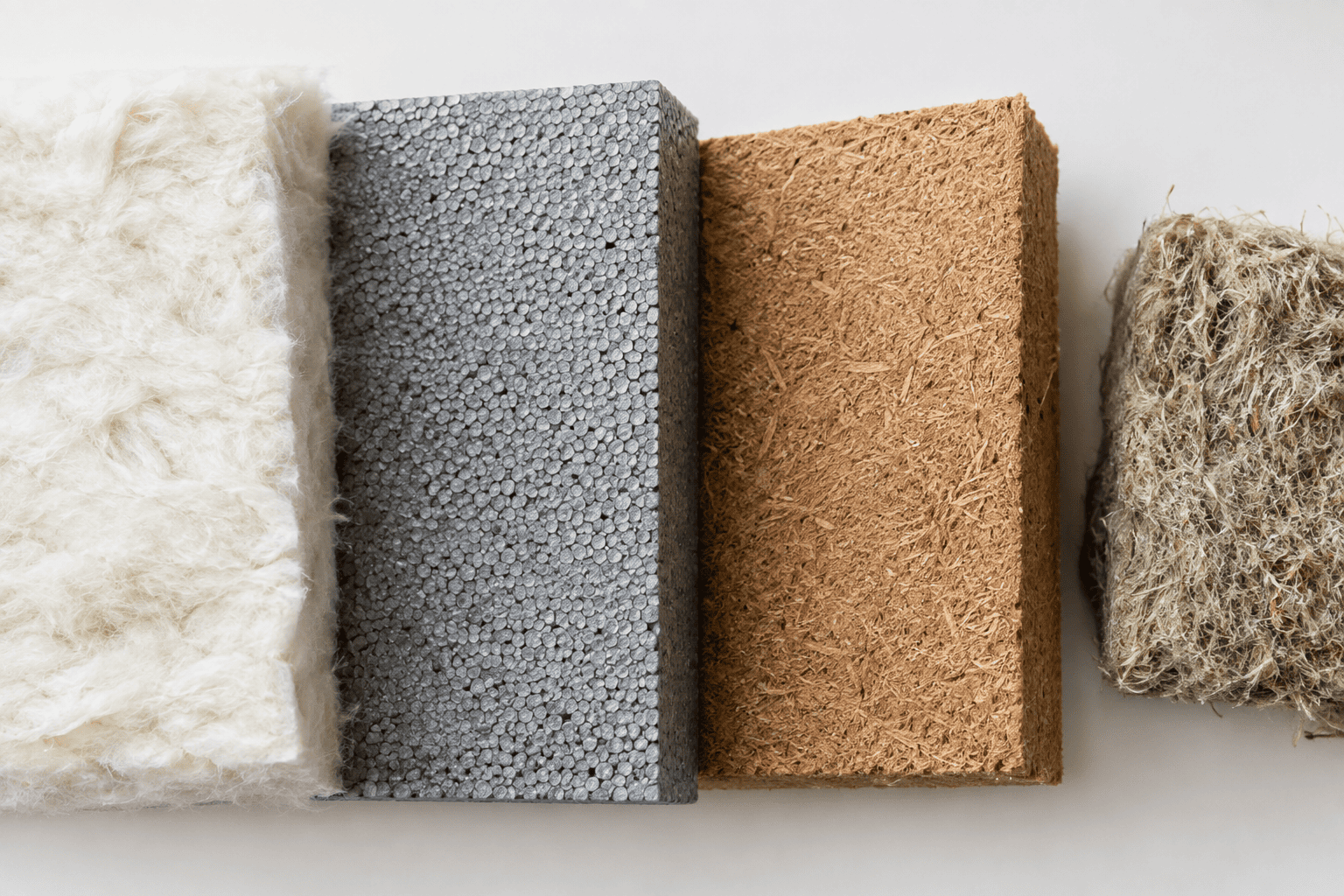Verschiedene Dämmstoffe im Vergleich: Mineralwolle, EPS-Platten und Holzfaserdämmplatten nebeneinander